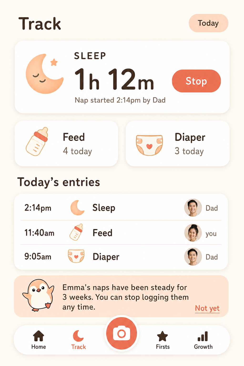 Track comp with running sleep timer, quick logs, entries with caregiver avatars, and a retirement suggestion